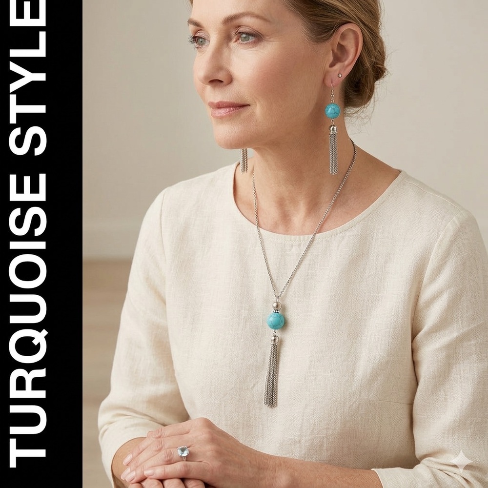 Turquoise & Silver Tassel Jewelry Set - Necklace & Earrings - Picture 11 of 12